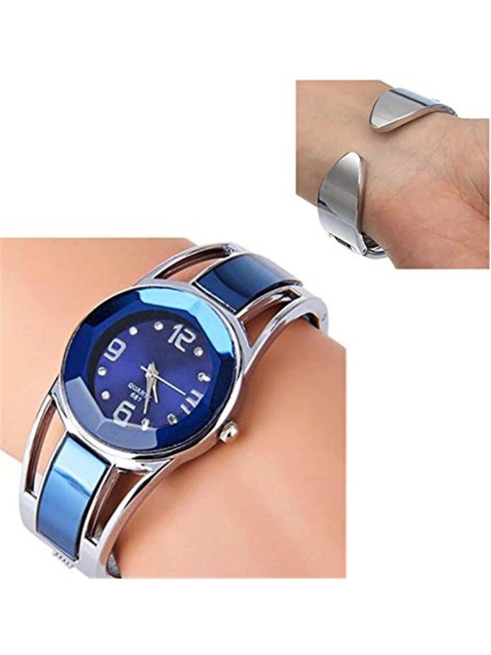 Women's Blue Quartz with Rhinestone Round Dial Stainless Steel Band Cuff Watch - Picture 6 of 7